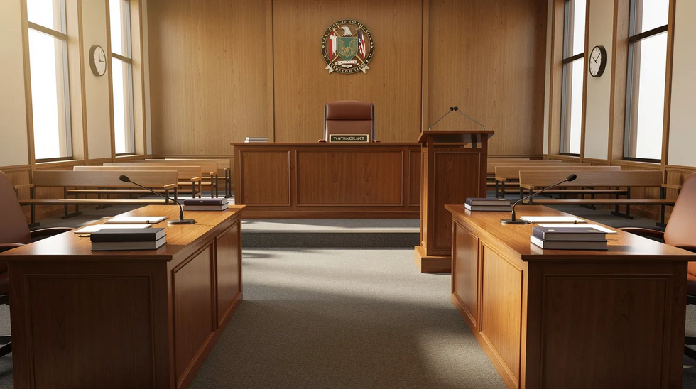 The image depicts a courtroom setting featuring a judge's bench at the front, flanked by attorney tables where legal representatives may prepare for a temporary orders hearing. This environment is typically associated with family law cases, including matters related to child custody and temporary spousal support.