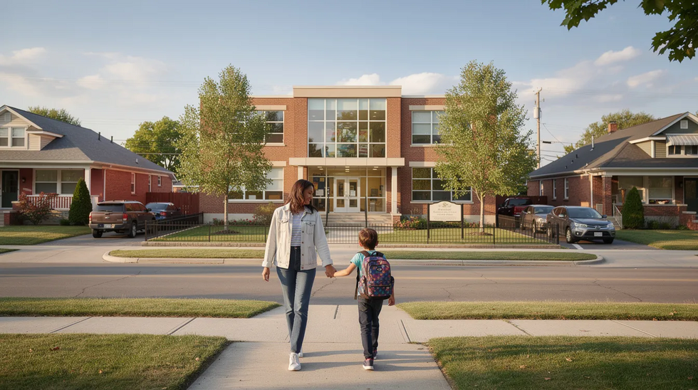 A parent and child are walking hand-in-hand near a school building in a quiet residential neighborhood, showcasing a nurturing parent-child relationship. This scene reflects the importance of family law, particularly in matters of child custody and support as they navigate their daily lives.
