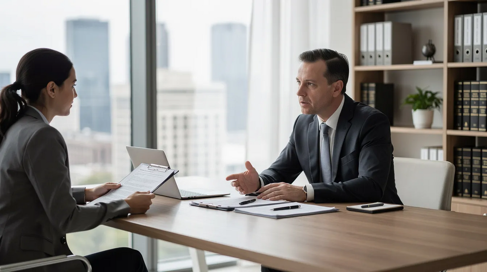 A professional attorney is consulting with a client across a sleek desk in a modern office, discussing important financial matters related to their divorce, including identifying hidden assets and the division of marital property. The setting conveys a sense of confidentiality and expertise, highlighting the attorney's role in navigating complex issues like community property and financial disclosure.