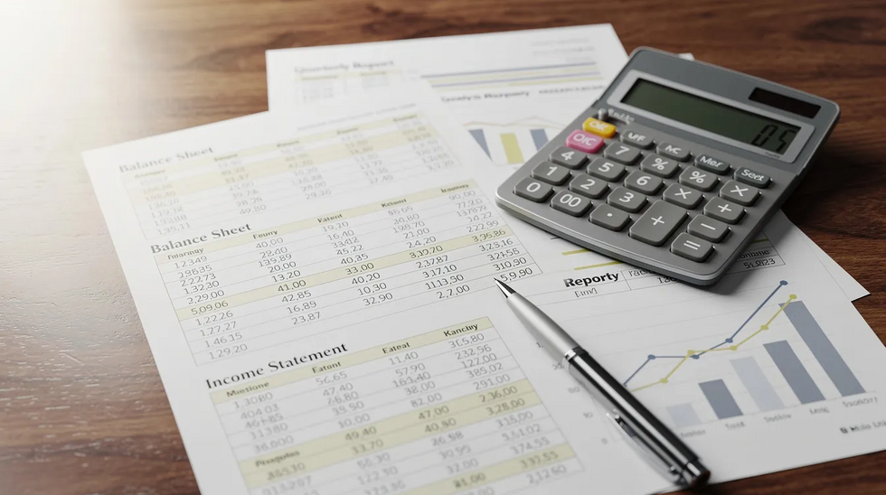 The image depicts a wooden desk cluttered with financial documents, a calculator, and a pen, suggesting a focus on financial disclosure during divorce proceedings. This scene may represent the process of identifying hidden assets or managing marital property in a high asset divorce situation.