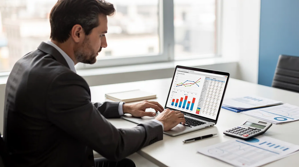 The image depicts a financial professional meticulously reviewing charts and spreadsheets on a laptop in a well-lit office, emphasizing the importance of financial documentation in identifying hidden assets during the divorce process. This professional may assist clients in uncovering concealed wealth and ensuring a fair division of marital assets in accordance with Texas law.
