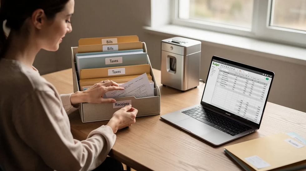 The image depicts a person methodically organizing financial documents in a home office, with a laptop open nearby, highlighting the importance of full financial disclosure during the divorce process. This scene emphasizes the need for careful management of marital assets, such as bank statements and tax returns, to ensure a fair division of property in high asset divorces.