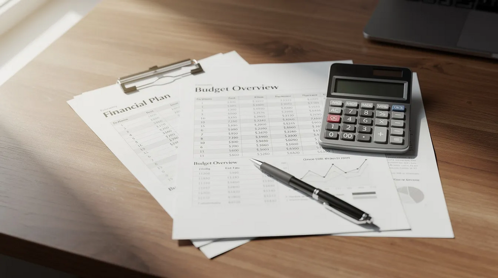 The image shows financial planning documents alongside a calculator on a wooden desk, symbolizing the complex process of dividing retirement accounts during a Texas divorce. These documents may include details on retirement assets, such as individual retirement accounts and defined contribution plans, which are crucial for ensuring a fair division of marital assets.