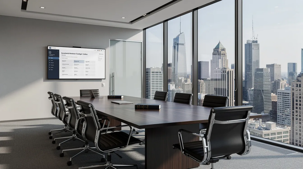 The image depicts a modern law office conference room with sleek furniture and large windows showcasing a city skyline. This setting is ideal for discussions about the division of retirement accounts, community property, and other financial matters relevant to Texas divorce proceedings.