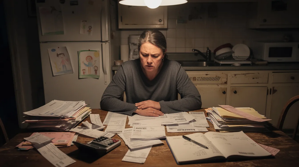 The image shows a concerned parent sitting at a kitchen table, surrounded by bills and paperwork, reflecting the stress of managing child support obligations. This scene highlights the financial burden and challenges associated with understanding and enforcing child support orders.
