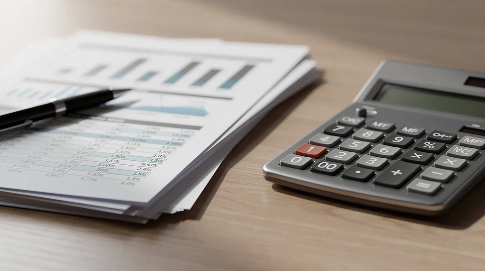 The image shows a calculator placed next to a stack of financial documents on a desk, suggesting the careful calculation and management of child support obligations, including court ordered child support and child support agreements. This setup reflects the importance of accurate financial planning in fulfilling child support payments.