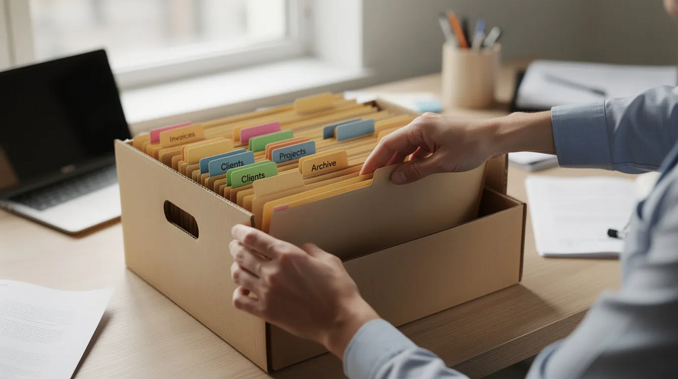 The image shows a person methodically organizing file folders with labeled tabs into a filing box, likely containing important documents related to child support agreements and obligations. This orderly arrangement may assist in managing child support payments and enforcement actions in accordance with Texas child support laws.