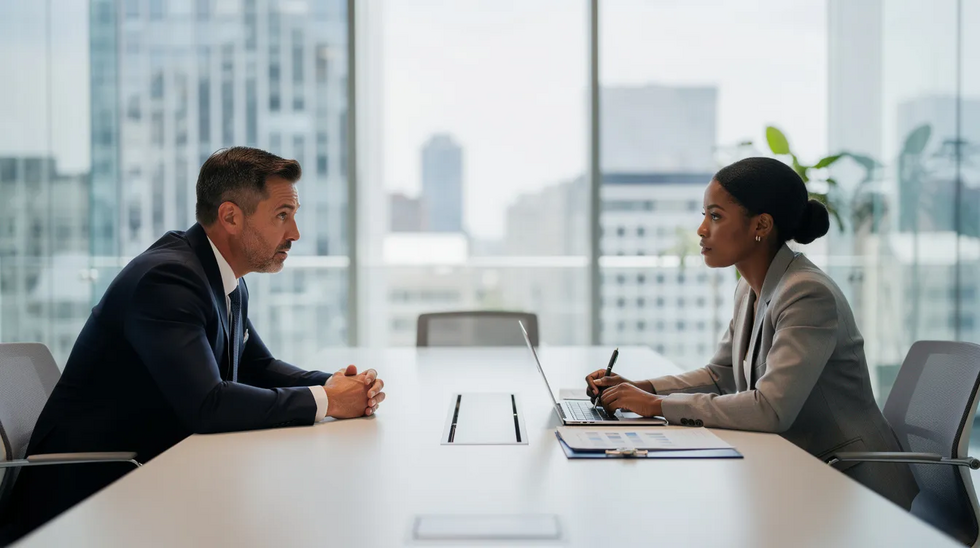 The image depicts two professionals engaged in a serious discussion across a sleek conference table in a modern office, likely addressing matters related to child support enforcement and obligations. Their focused expressions suggest they are strategizing on legal issues, possibly involving child support orders and financial responsibilities.