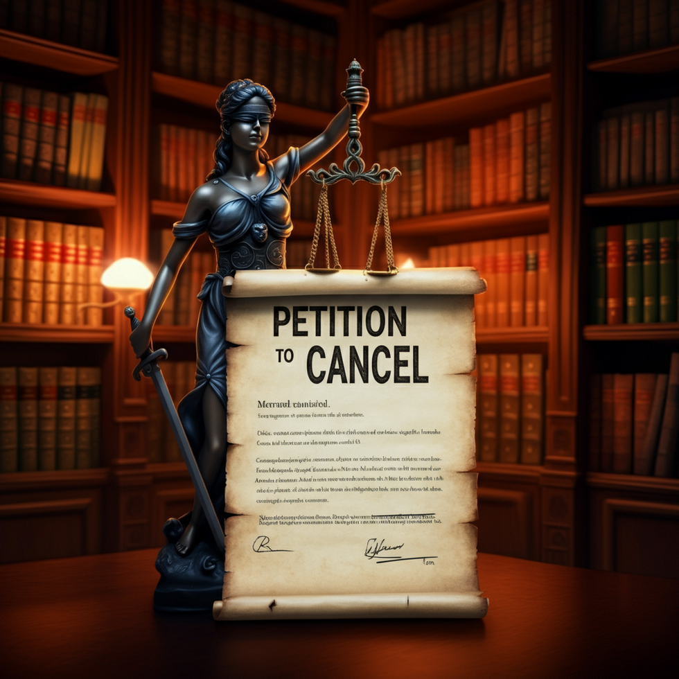 lady justice with a petition to cancel