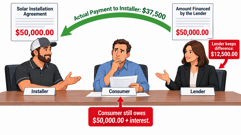 Example solar financing transaction: The homeowner finances $50,000, but the lender pays the installer only $37,500. If the $12,500 difference is a charge imposed because the homeowner chose financing, TILA may require it to be disclosed as a finance charge.