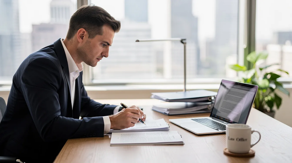 An experienced trademark attorney reviews legal documents at a desk in a bright office, accompanied by a laptop and a coffee mug. The setting reflects a professional atmosphere where trademark applications and intellectual property law are being diligently examined.