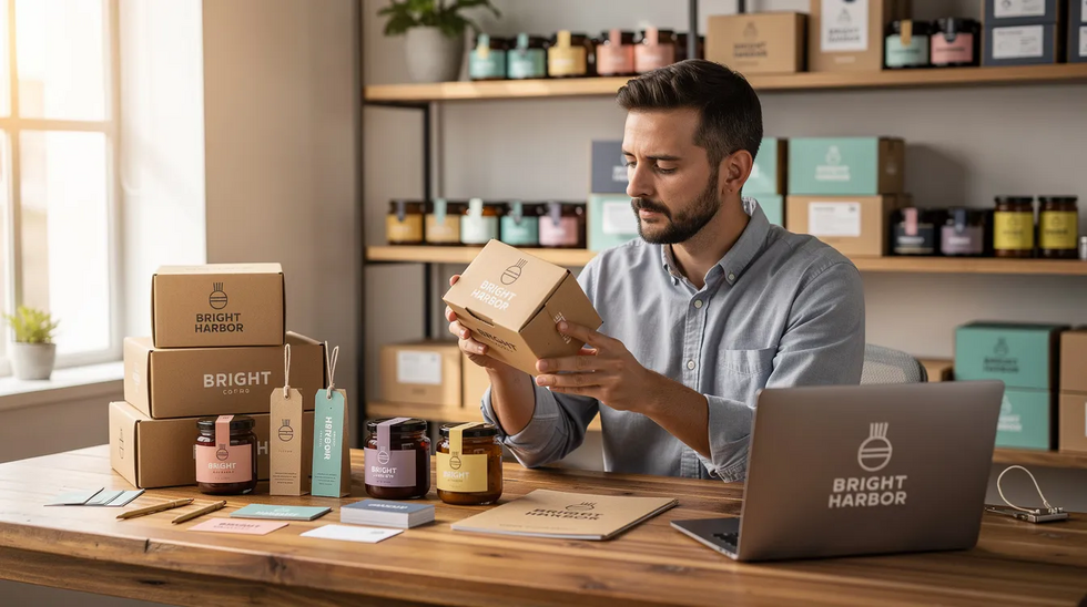 A small business owner is seated at a table, carefully reviewing product packaging while surrounded by branded materials. The scene reflects the importance of trademark registration and protection in the context of intellectual property law, highlighting the owner's commitment to ensuring their brand is properly registered and safeguarded against potential trademark infringement.