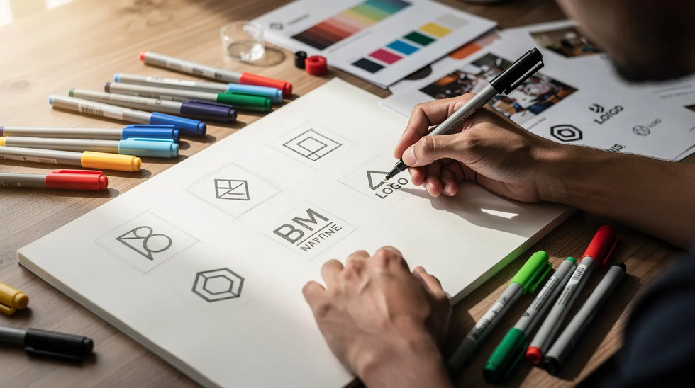 An artist is sketching logo concepts on paper, surrounded by colorful markers and reference materials, while considering trademark law and the trademark registration process. The scene captures the creative process of developing brand names that may require legal protection through trademark registration.