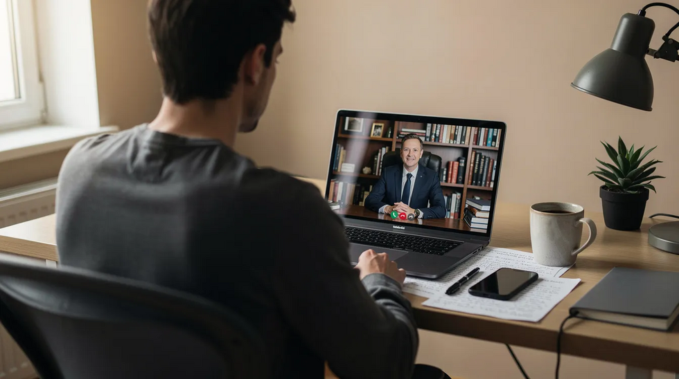 An individual is engaged in a video call with an experienced trademark attorney at their home office, surrounded by notes and a laptop. The setting suggests a discussion about trademark registration, protection, and the trademark registration process, emphasizing the importance of legal services in intellectual property law.