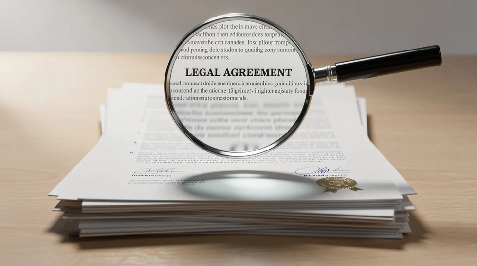 The image depicts a magnifying glass hovering above a stack of official legal documents, symbolizing the importance of conducting a comprehensive trademark search for trademark registration. This visual emphasizes the need for thorough examination of existing trademarks and potential conflicts during the trademark application process.