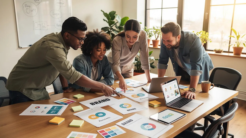 A small business team is gathered around a table, actively reviewing branding materials and discussing their trademark application strategies. They appear focused on ensuring their proposed trademark does not conflict with existing trademarks, highlighting the importance of a comprehensive trademark search for their branding efforts.