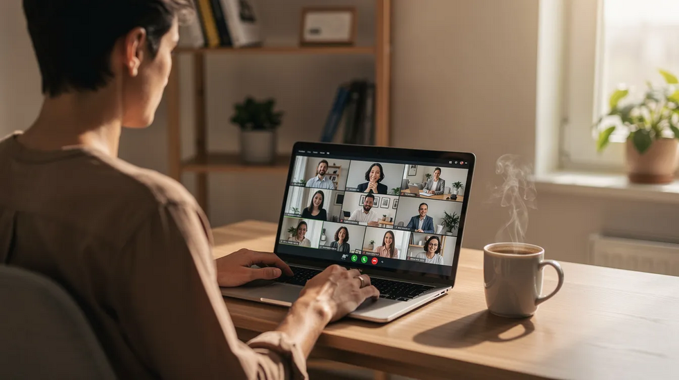 The image depicts a person engaged in a video conference call from their home office, sitting in front of a laptop with a steaming cup of coffee beside them. This setting suggests a professional environment where discussions about trademark registration or a comprehensive trademark search could take place.
