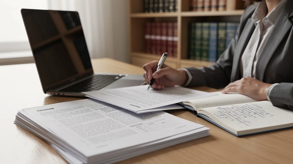 The image shows a professional sitting at a desk, intently reviewing legal documents related to trademark applications, with a laptop and a notebook open in front of them. This scene reflects the meticulous process involved in trademark registration and the importance of proper documentation in protecting brand names.