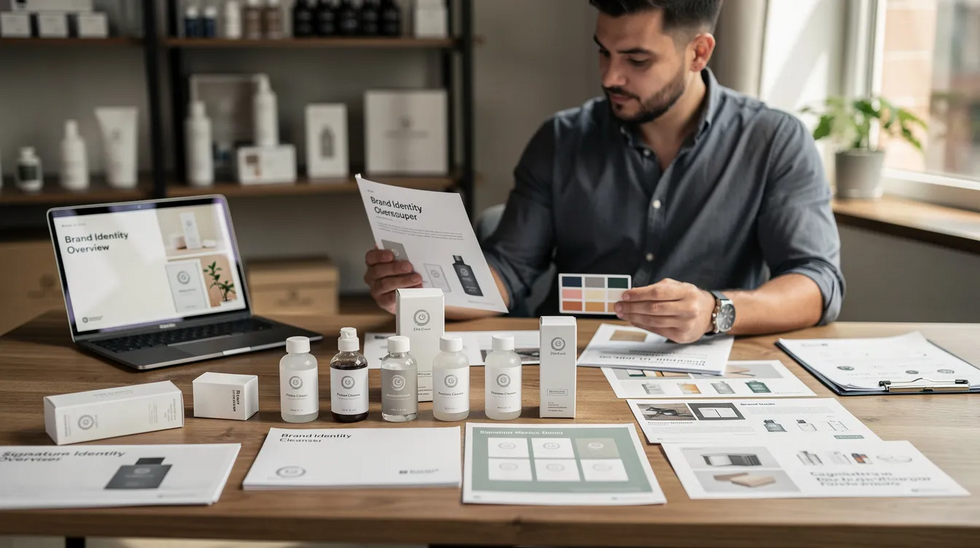 An entrepreneur is seated at a workspace, closely reviewing branding materials and product packaging, which may include elements for a trademark application. This scene captures the essence of the application process as the entrepreneur considers important aspects like brand names and trademark protection for their goods or services.