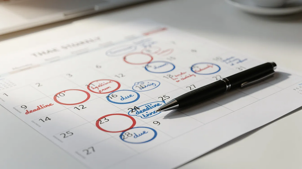 The image features a calendar with several marked deadlines, indicating important dates for trademark applications, alongside a pen resting on it, suggesting preparation for filing a trademark application or responding to an office action. This scene emphasizes the organized approach needed for trademark registration and protection.