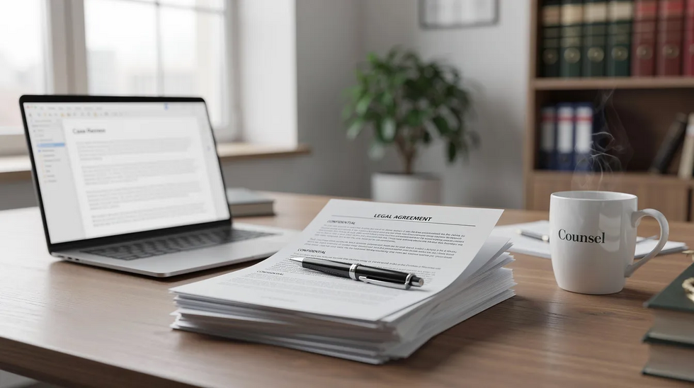 The image features a professional desk in a bright office setting, showcasing legal documents, a laptop, and a coffee mug, reflecting a workspace where trademark attorneys might handle the trademark registration process and respond to office actions. The organized layout suggests an environment focused on legal issues related to trademark law and federal trademark registration.