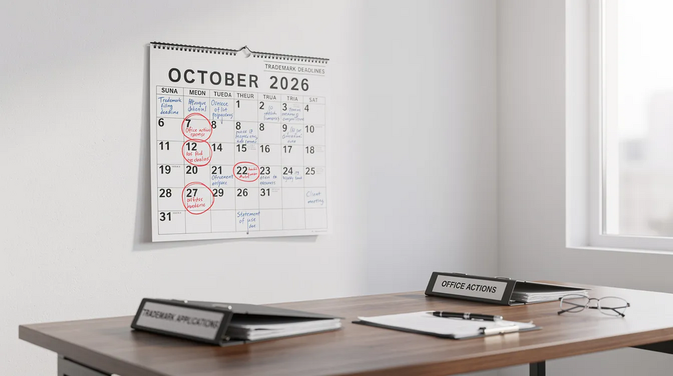 The image depicts a modern office wall calendar featuring red circles that highlight important deadlines for trademark application processes, including response deadlines for trademark office actions. This visual tool aids trademark attorneys and clients in staying organized and aware of critical dates related to trademark registration and rights.