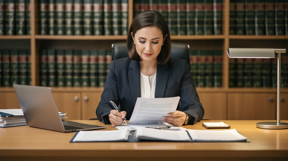 A female attorney is seated at a well-organized desk, diligently reviewing documents related to trademark law, with bookshelves filled with legal texts in the background. This scene reflects her expertise in the trademark registration process and her role in responding to office actions from the USPTO.