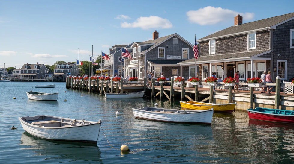 The image depicts a picturesque Cape Cod harbor filled with small boats gently bobbing in the water, surrounded by charming waterfront shops under a bright sunny sky. This scenic view captures the essence of maritime life, highlighting the vibrant atmosphere of the area, reminiscent of trademark rights and the importance of unique identifiers for goods or services.