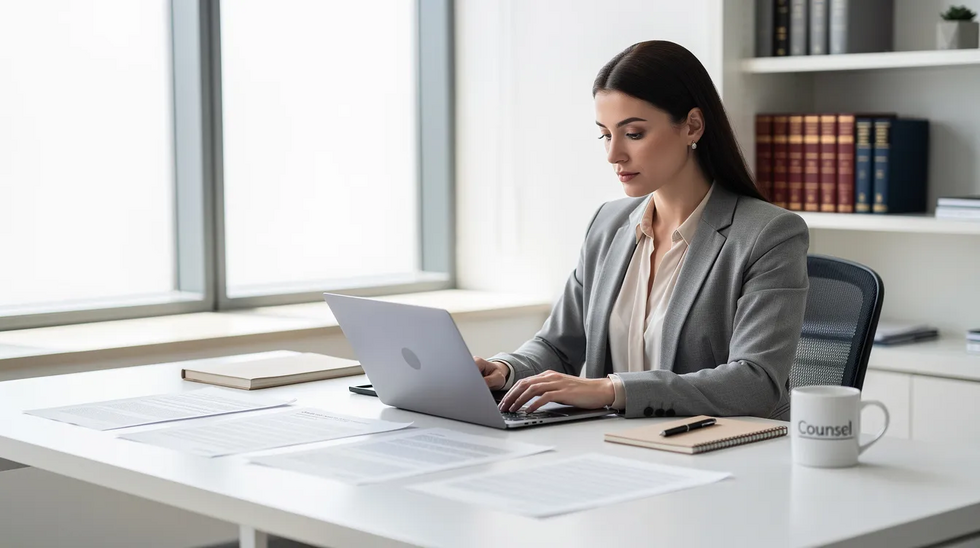 A professional woman is seated at a desk in a bright office, surrounded by legal documents and working intently on her laptop, likely focused on trademark law and protecting her clients' intellectual property rights. The setting suggests a law firm environment where trademark attorneys assist clients with trademark registration and infringement claims.