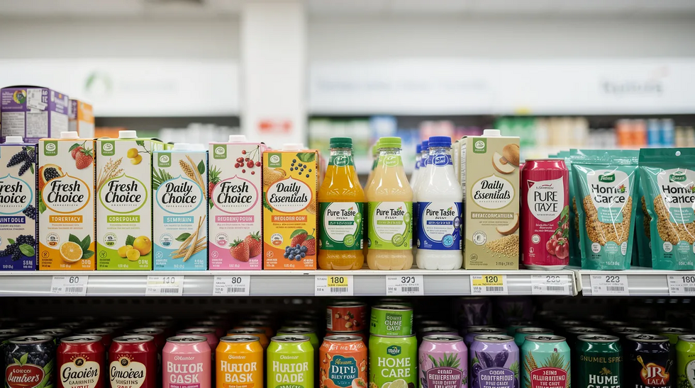The image features a variety of branded product packages displayed on a retail shelf, showcasing vibrant colors and distinctive labels. This assortment highlights the importance of trademark protection and brand recognition in preventing consumer confusion and unauthorized use.