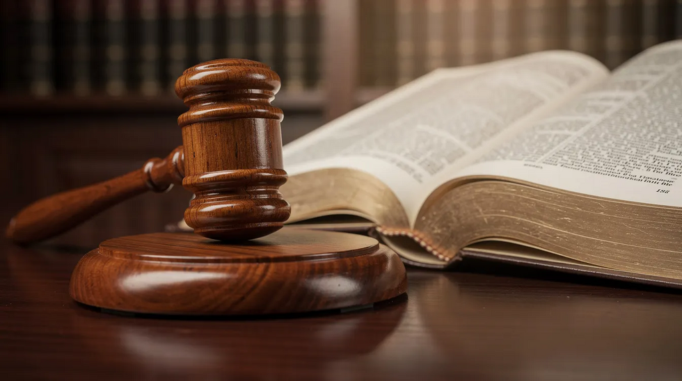 The image features a wooden judge's gavel resting on a polished desk next to an open law book, symbolizing the legal proceedings involved in trademark litigation and trademark infringement claims. This scene reflects the serious nature of trademark law and the importance of legal protection for intellectual property.