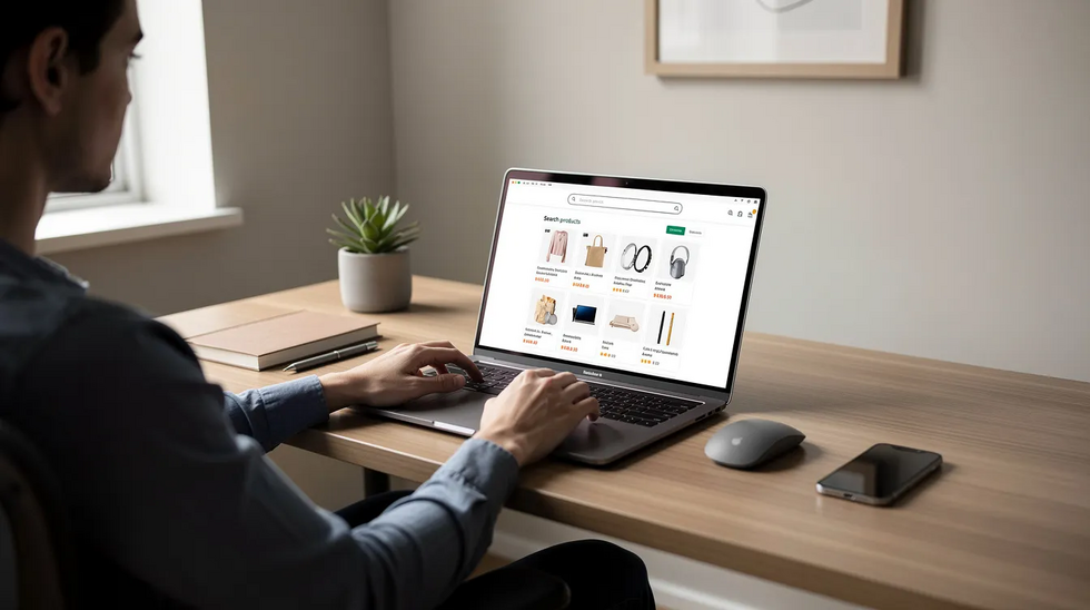 The image depicts a person sitting at a modern desk, intently browsing an online shopping marketplace on a laptop computer. This scene reflects the convenience of e-commerce, where users can explore various products while considering trademark rights and legal protections associated with their purchases.