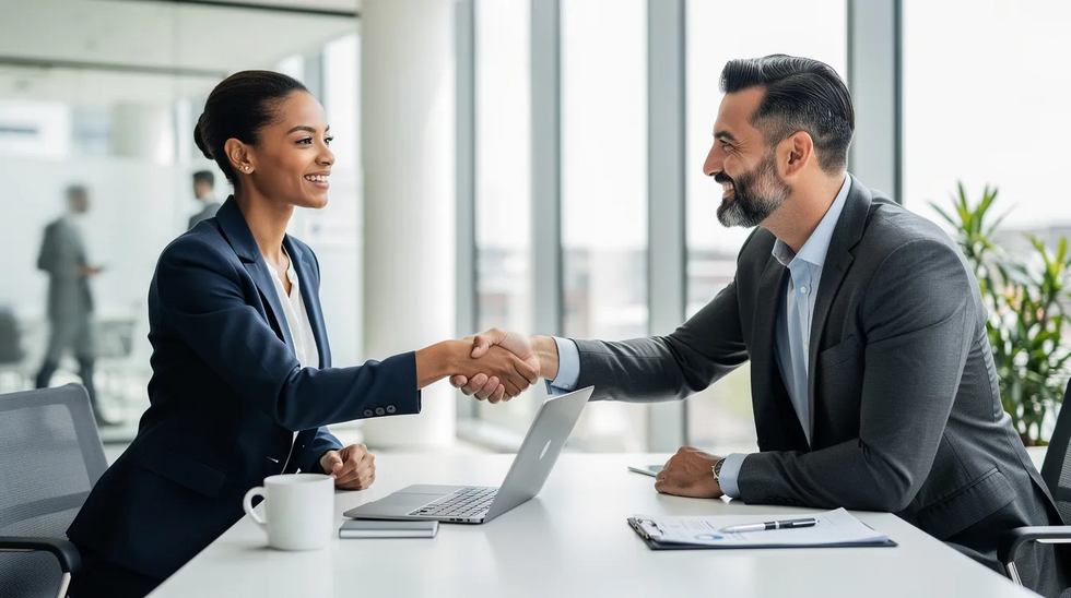 The image depicts two professionals engaged in a handshake across a sleek desk in a bright, modern office, symbolizing a successful partnership or agreement, possibly related to trademark rights or intellectual property law. The setting conveys a sense of professionalism and collaboration, ideal for discussions about trademark registration or litigation.