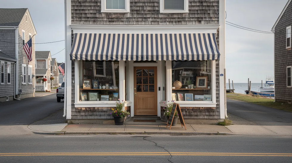 The image depicts a charming small independent storefront with a colorful awning, situated on a coastal New England street, surrounded by quaint buildings and a vibrant atmosphere. This inviting scene may evoke thoughts of local businesses and the importance of protecting their intellectual property rights against trademark infringement.