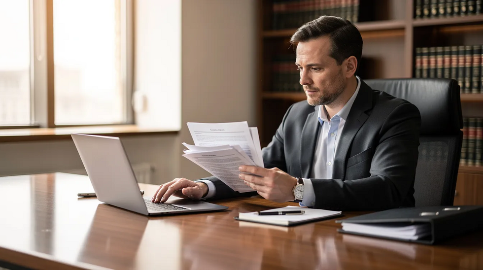An experienced trademark attorney is seated at a professional desk, carefully reviewing printed documents and a laptop screen, likely analyzing trademark infringement claims or preparing a cease and desist letter related to intellectual property rights. The environment suggests a focus on legal proceedings and the importance of establishing trademark rights.