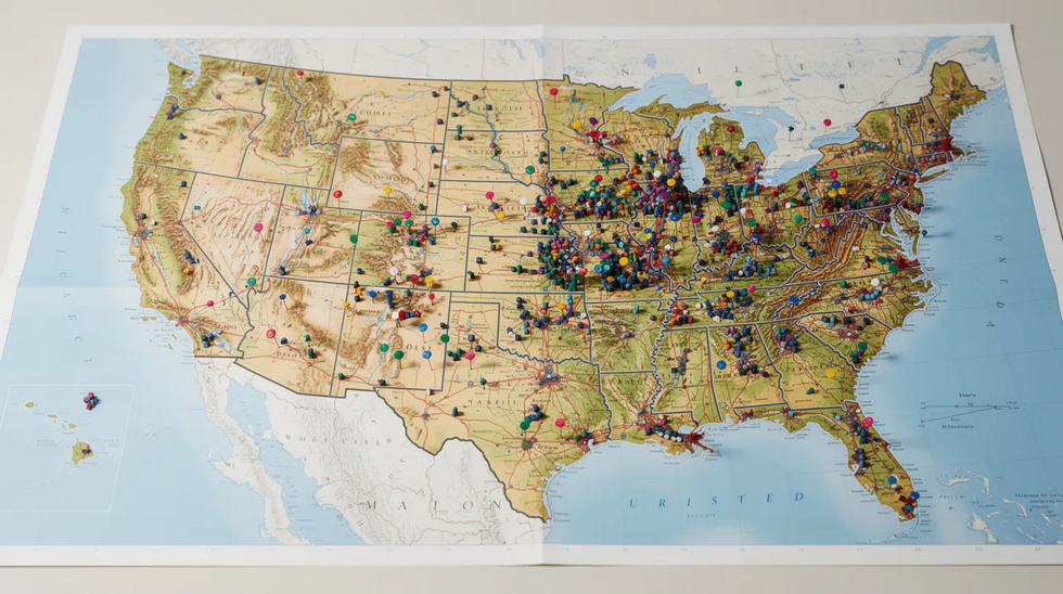 The image depicts a large map of the United States adorned with numerous pins indicating various cities and regions. This visual representation could be useful for understanding trademark rights and potential legal action across different geographic areas, highlighting the importance of careful consideration in trademark disputes.