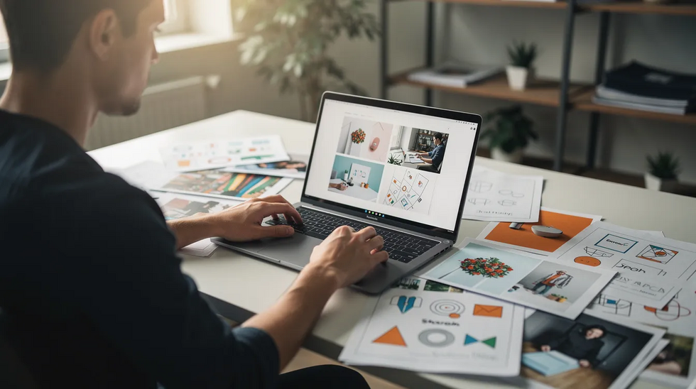 A person is seated at a desk, intently reviewing creative work on their laptop, surrounded by printed photographs and design sketches. This scene captures the essence of intellectual property creation, emphasizing the importance of copyright protection for original works.