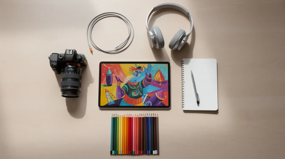 The image features a flat lay arrangement of creative tools, including a camera, notebook, headphones, colored pencils, and a tablet displaying digital artwork, symbolizing the diverse mediums of original work that can be protected under copyright law. This setup reflects the importance of intellectual property and the registration process for creators looking to safeguard their artistic creations.