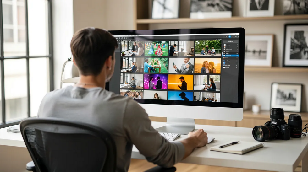 A photographer is seated in a bright studio, intently reviewing a large gallery of images displayed on a wide computer monitor, showcasing unpublished photographs and original works. The environment suggests a focus on copyright protection and the registration process, possibly indicating the photographer's interest in filing applications for copyright registration to safeguard their intellectual property.