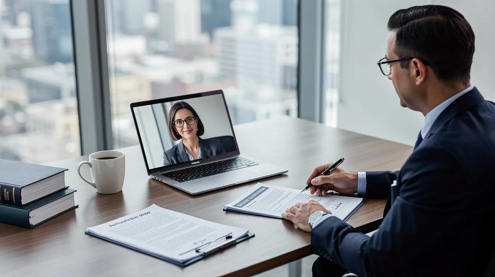 An attorney is seen conducting a video call with a client, discussing copyright registration and legal advice. The desk is cluttered with documents, a laptop, and an application form related to the copyright registration process.
