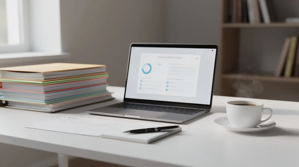 The image depicts a neatly organized desk featuring folders, a laptop, and a steaming cup of coffee, indicating a professional setting likely preparing for a consultation on copyright registration or intellectual property matters. The arrangement suggests a focus on efficiency and readiness to provide legal advice related to copyright law.