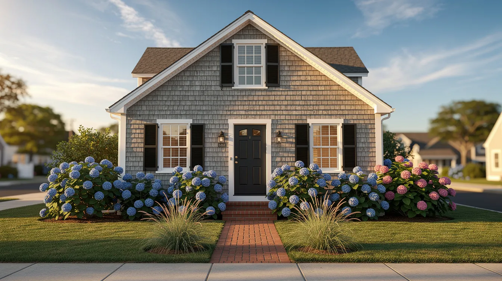 The image depicts a charming Cape Cod shingled home surrounded by vibrant hydrangeas in the front yard, basking in the warmth of a sunny summer day. This picturesque scene evokes a sense of tranquility and family, highlighting the importance of estate planning and maintaining control over one's assets for future generations.
