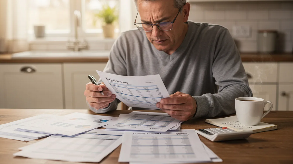The image shows a person sitting at a kitchen table, wearing reading glasses and sipping coffee while reviewing financial documents related to estate planning. This scene emphasizes the importance of understanding legal documents like revocable living trusts and the probate process for protecting assets and ensuring the wishes of loved ones are honored.