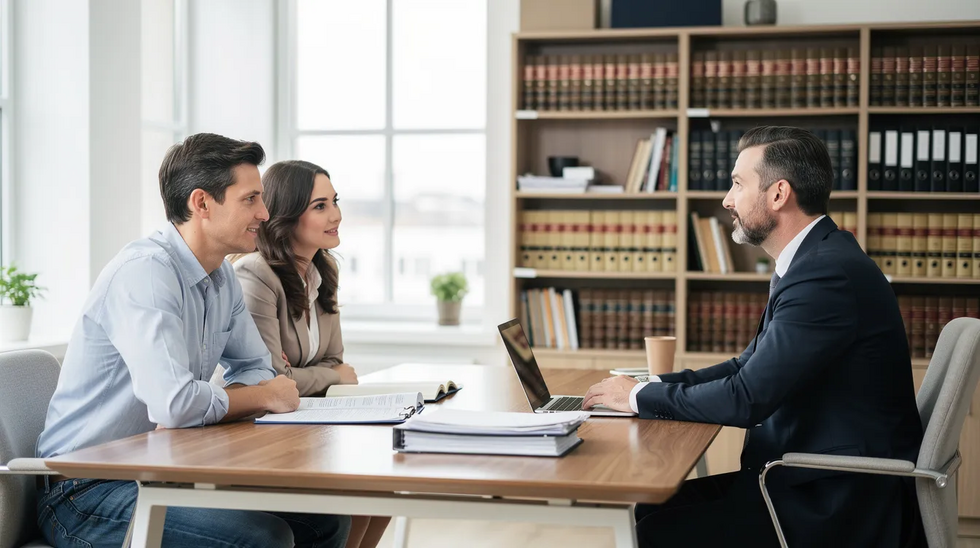 The image depicts a professional meeting between an estate planning attorney and a couple in a bright office, surrounded by bookshelves filled with legal texts. The setting suggests a discussion about important decisions regarding revocable living trusts and other estate planning documents to protect their assets and ensure their wishes are fulfilled for future generations.