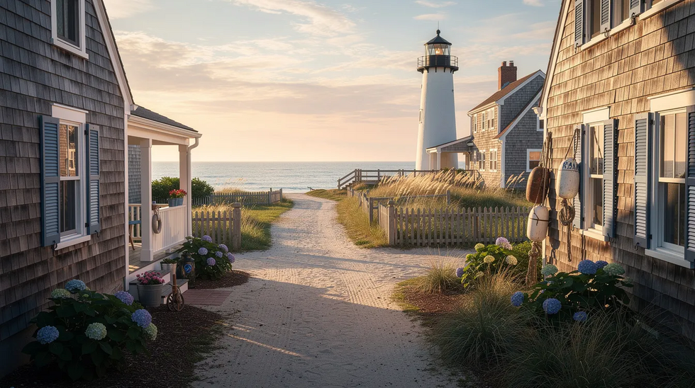 The image depicts a serene Cape Cod coastal neighborhood featuring charming shingled homes with a lighthouse in the background, evoking a sense of tranquility. This picturesque setting highlights the importance of estate planning, emphasizing the need for careful consideration of asset distribution and legal documentation to protect loved ones and ensure a secure future.