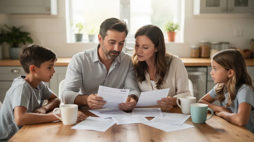 A family is gathered around a kitchen table, engaged in a discussion while reviewing estate planning documents, with coffee mugs placed nearby. They are considering important decisions regarding asset distribution and the future of their loved ones, highlighting the careful consideration needed in the estate planning process.