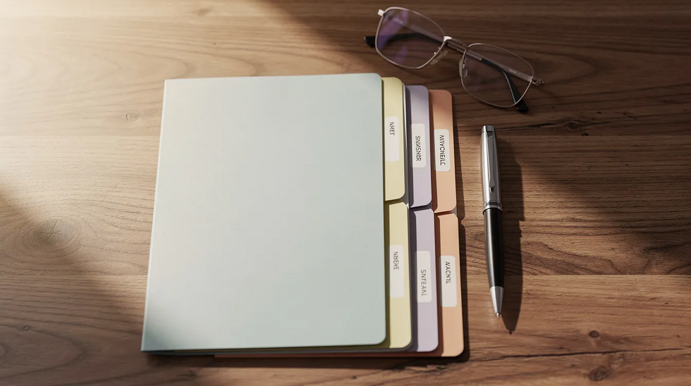 An organized wooden desk displays neatly arranged folders, a pen, and reading glasses, symbolizing the careful consideration involved in estate planning and the preparation of important legal documentation like wills and living trusts for asset distribution. This setup reflects a professional environment, likely a law office, where clients can discuss their family's future and financial decisions.