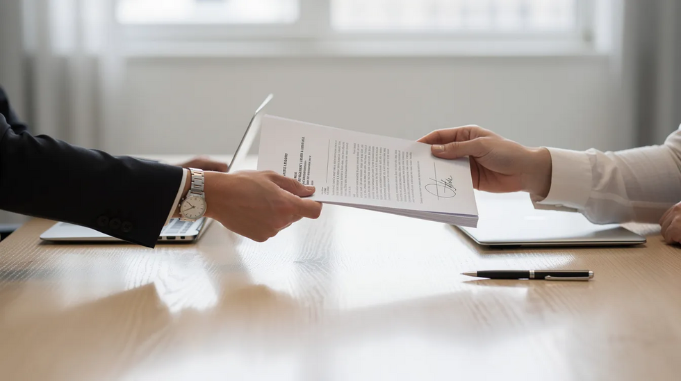The image depicts two hands exchanging signed documents across a clean wooden desk, symbolizing the completion of a separation agreement in an uncontested divorce process. This exchange reflects the legal proceedings often seen in family court, particularly under Massachusetts divorce laws.