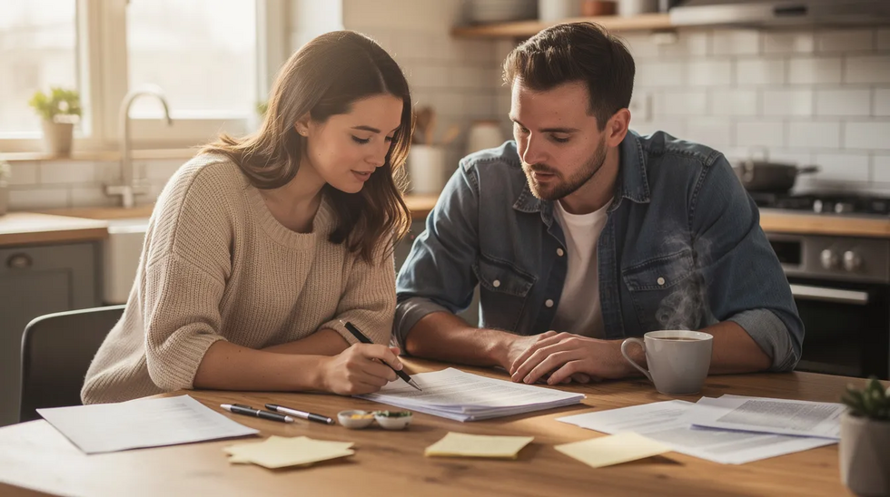 A couple is seated at a kitchen table, reviewing paperwork related to their divorce proceedings, with coffee cups placed nearby. The documents may include a separation agreement and other legal forms pertinent to their uncontested divorce under Massachusetts law.