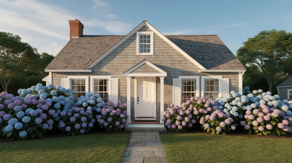 The image features a charming Cape Cod style house, characterized by its steep roof and symmetrical design, nestled among vibrant hydrangea bushes in full bloom. This picturesque setting evokes a sense of tranquility, reminiscent of peaceful family life often associated with homes in Massachusetts, where legal processes like uncontested divorce may take place in local probate and family courts.